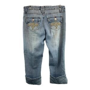 Southpole Jeans Juniors Size 7 W32 Capri Cropped Embellished Blue Stretch Denim